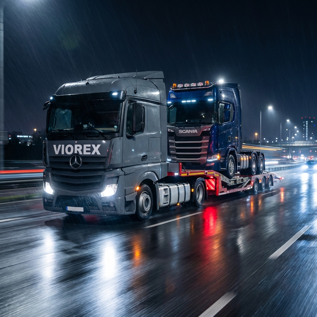 Car carrier truck at night